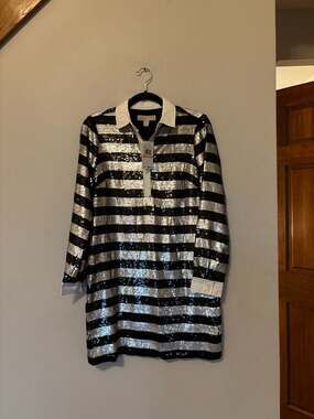 NWT Michael Kors Striped Sequin Rugby Shirt Mini Dress Black Silver